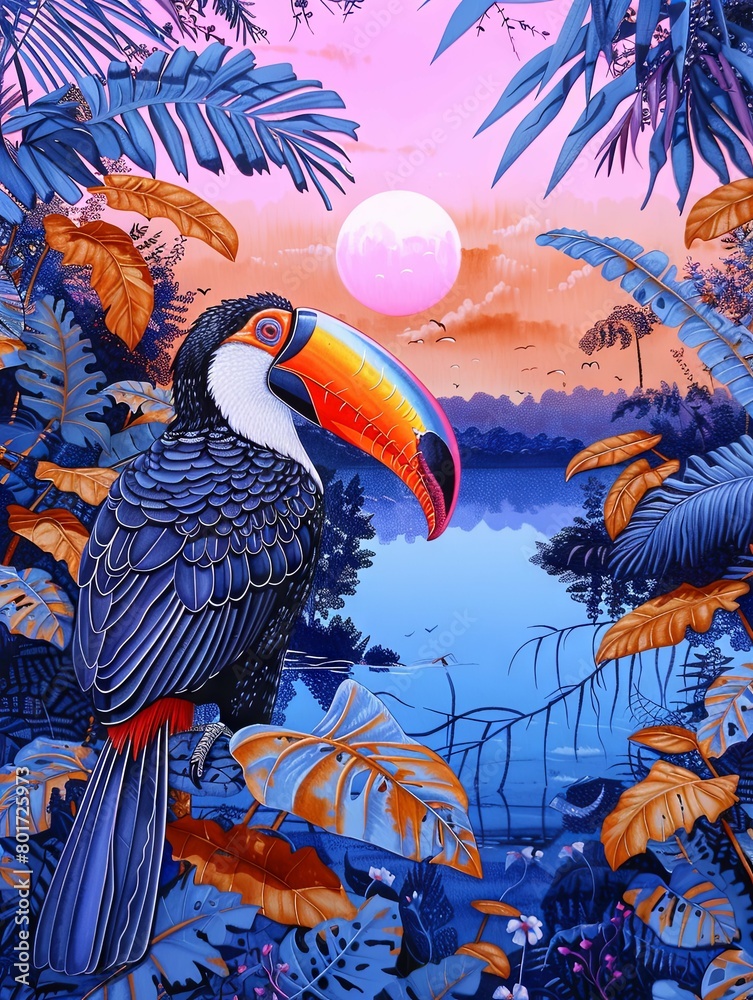 Obraz premium Exotic toucan by sunset over riverscape - Detailed illustration of a toucan perched amidst rich forest foliage, with a serene river landscape and sunset