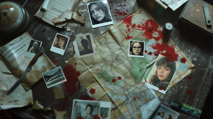 Disordered desk with photographs of girls, bloodstained blueprints, a knife, and other elements of a serial killer for the background of a true crime scene. Retro vintage style