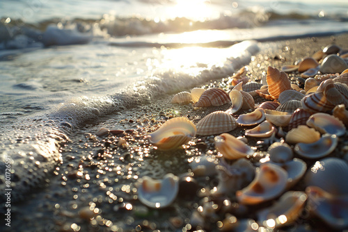 Seashells scattered along the shoreline, glistening in the sunlight.