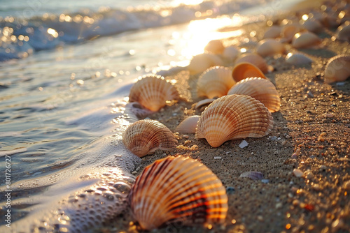 Seashells scattered along the shoreline, glistening in the sunlight. © Ateeq