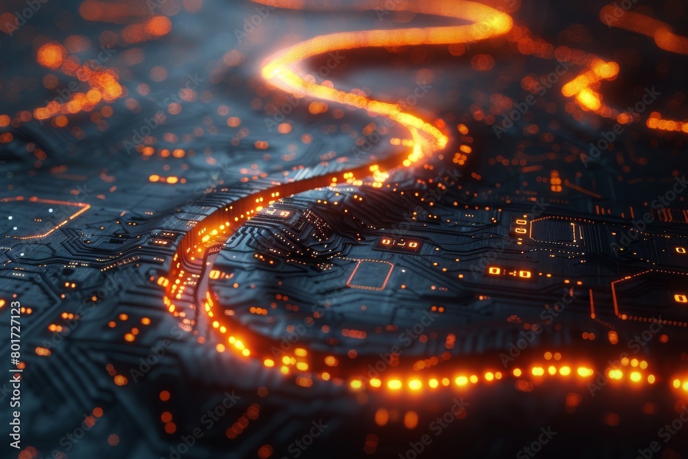Vivid neon light trail on a dark electronic circuit board, concept of energy flow in technology Vivid neon light trail on a dark electronic circuit board, concept of energy flow in technology
