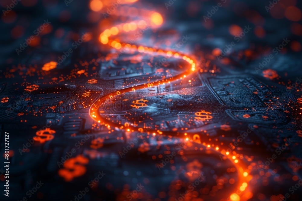 Digital circuit board with bright orange dollar paths, symbolizing financial technology and cyber economy Digital circuit board with bright orange dollar paths, symbolizing financial technology and cyber economy