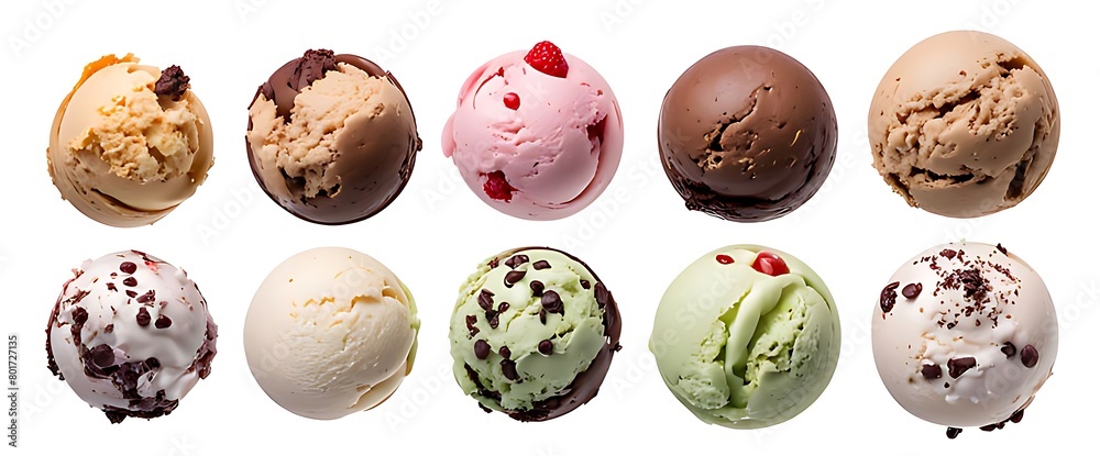 Set of Ice cream scoop ball cutout, top view. Many assorted different flavour Mockup template for artwork design. Set of Ice cream scoop ball cutout, top view. Many assorted different flavour Mockup template for artwork design.