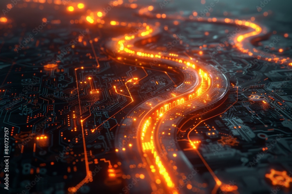 Illuminated Pathways on Circuit Board Creating a High-Speed Data Stream Visualization, Concept of High-Tech Computing and Information Highway Illuminated Pathways on Circuit Board Creating a High-Speed Data Stream Visualization, Concept of High-Tech Computing and Information Highway