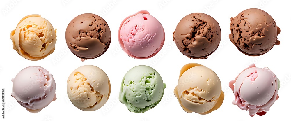 Set of Ice cream scoop ball cutout, top view. Many assorted different flavour Mockup template for artwork design. Set of Ice cream scoop ball cutout, top view. Many assorted different flavour Mockup template for artwork design.