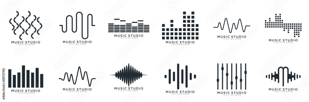 Set of Radio Wave icon. Sound waves set. Modern sound equalizer. Radio wave icons. Volume level symbols. Music frequency. vector illustration Set of Radio Wave icon. Sound waves set. Modern sound equalizer. Radio wave icons. Volume level symbols. Music frequency. vector illustration