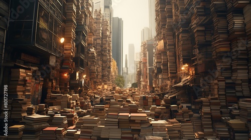 Books stacked like building blocks in the heart of a bustling city  their towering heights a testament to the collective pursuit of knowledge