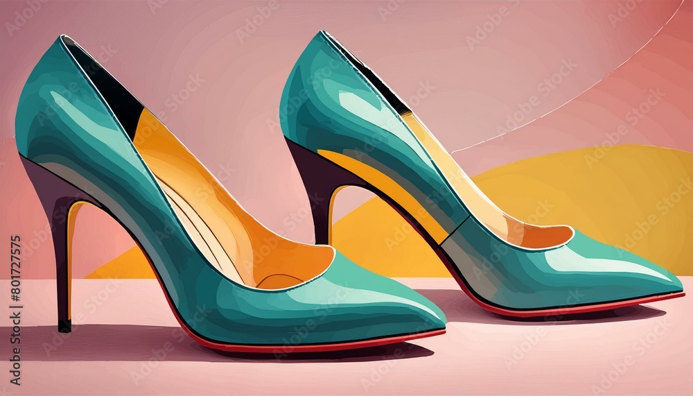 Generate teal-colored velvet shoe pair and mid-size heels and velvety yellow occur inside material in the pumps with pastel pink background. acrylics on canvas painting style; aesthetically pleasing.
Generate teal-colored velvet shoe pair and mid-size heels and velvety yellow occur inside material in the pumps with pastel pink background. acrylics on canvas painting style; aesthetically pleasing.