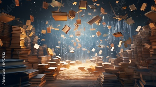 Books suspended in mid-air by the power of imagination alone, defying gravity as they dance in a surreal dreamscape photo
