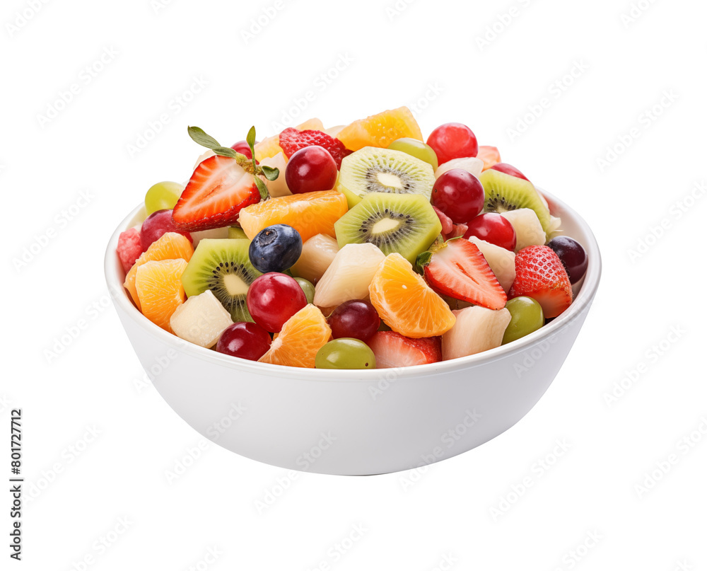 Mixed fruit salad in a white bowl with strawberries, kiwi, oranges, blueberries, and grapes. Generative AI Mixed fruit salad in a white bowl with strawberries, kiwi, oranges, blueberries, and grapes. Generative AI