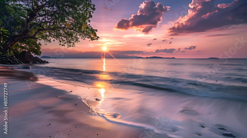 Amazingly colorful sea beach sunset with reflective lavender sand and bright clouds