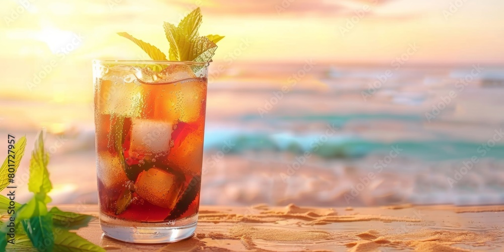 Refreshing iced tea with mint on a wooden board at the beach during a beautiful sunset. Refreshing iced tea with mint on a wooden board at the beach during a beautiful sunset.