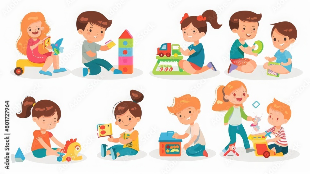 Children playing toys set Happy kindergarten kids during indoor room games Leisure childhood activities of little preschool boys and girls Flat vector illustrations isolated on white background Children playing toys set Happy kindergarten kids during indoor room games Leisure childhood activities of little preschool boys and girls Flat vector illustrations isolated on white background