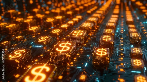 Futuristic visualization of finance and technology with glowing dollar symbols on a circuit board, Concept of digital economy and cryptocurrency