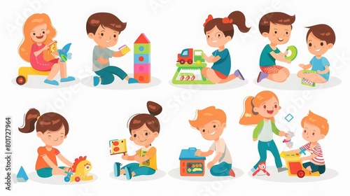 Children playing toys set Happy kindergarten kids during indoor room games Leisure childhood activities of little preschool boys and girls Flat vector illustrations isolated on white background