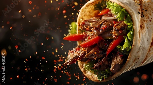 Tasty doner kebab with meat and vegetables on dark background, Generative AI illustrations.
