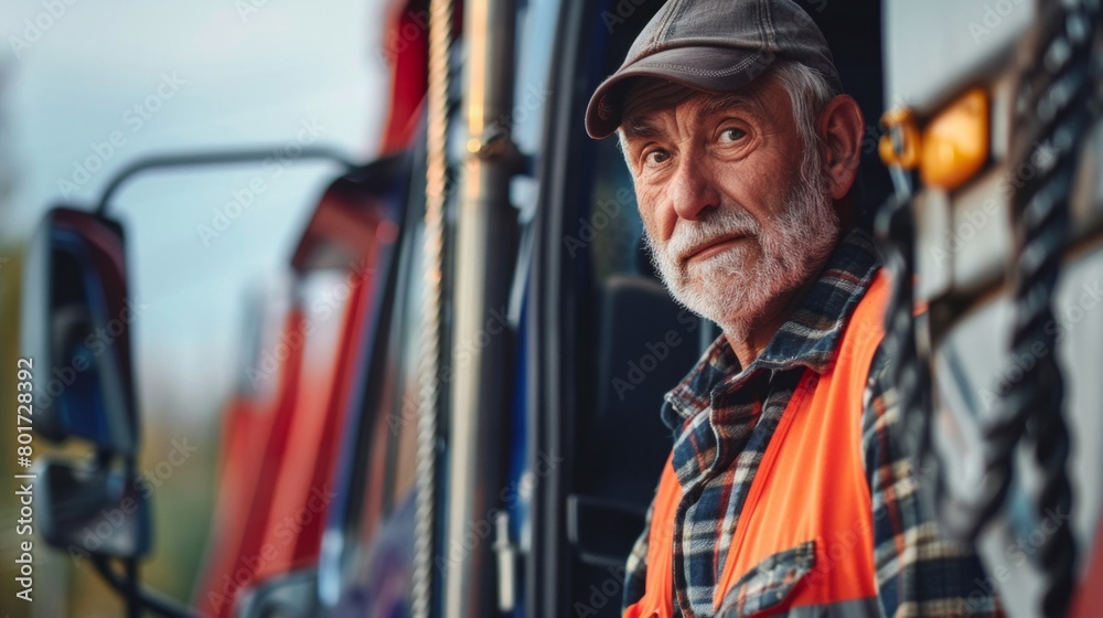 Fototapeta premium Portrait of caucasian mature man on semi-truck vehicles parking background. Truck or road driver worker