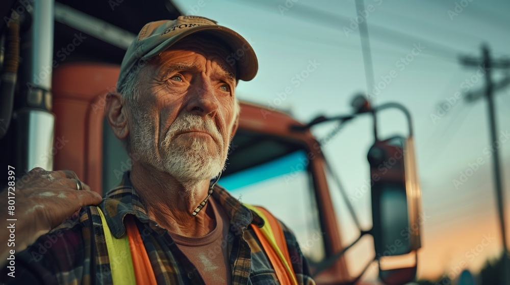 Portrait of caucasian mature man on semi-truck vehicles parking background. Truck or road driver worker
