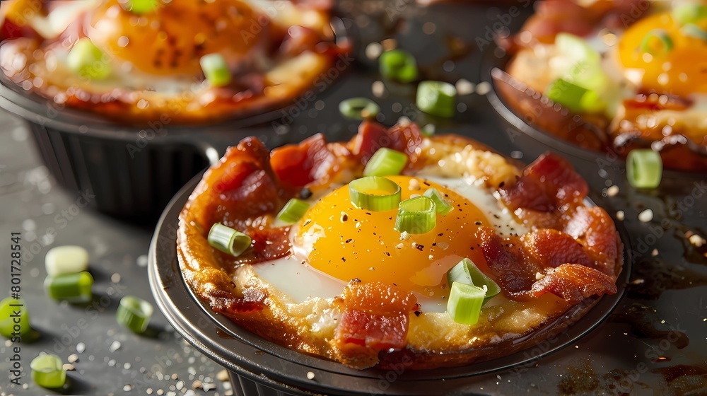 Closeup of delicious mini tartlets with fried eggs, bacon and green onion on black background, Generative AI illustrations.