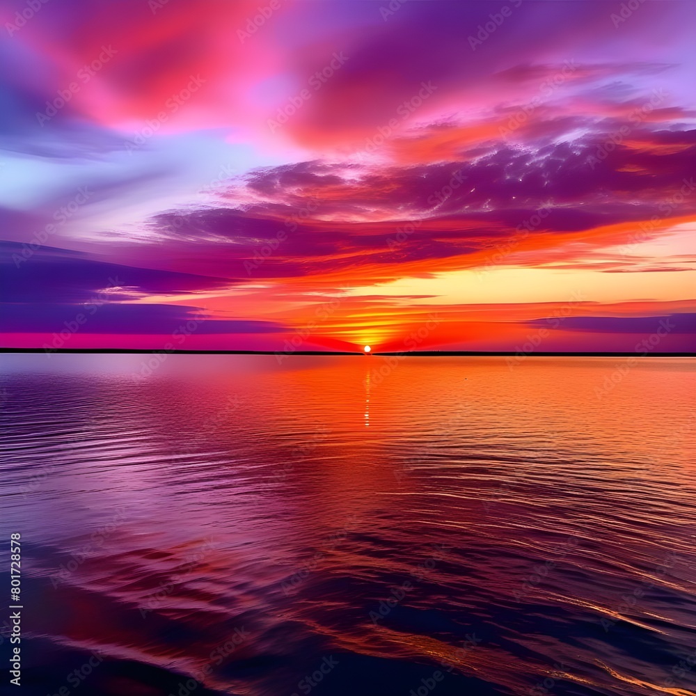 panoramic photo capturing a vibrant sunset kissing the seas horizon during a summer cruise vacation.