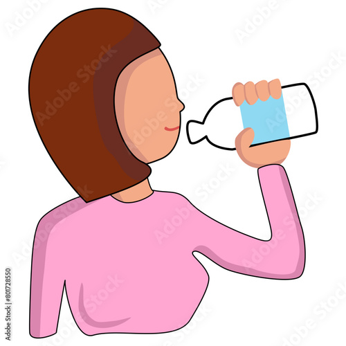 Young woman cartoon character dinking water. 
Hand drawn doodle flat illustration design.