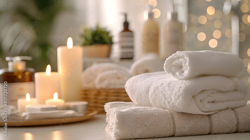 A serene beauty spa concept with white towels, fresh flowers, and candles arranged decoratively, offering relaxation for all your skin care essentials on a clean counter. A serene beauty spa concept with white towels, fresh flowers, and candles arranged decoratively, offering relaxation for all your skin care essentials on a clean counter.
