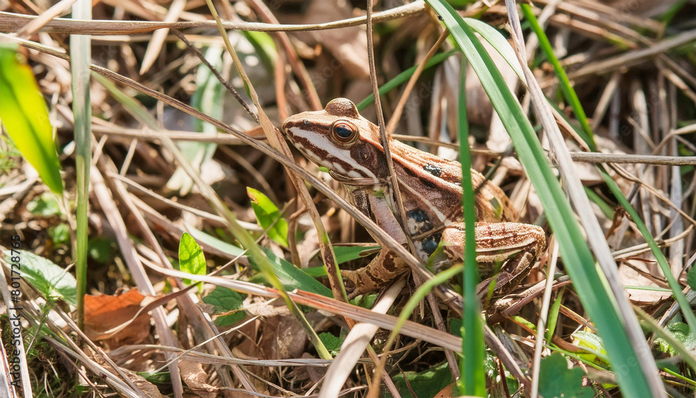 Frog camouflaged in tall grass.