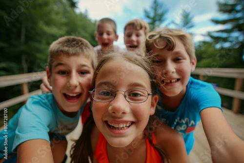 Group of happy kids taking selfie on the bridge in summer day.