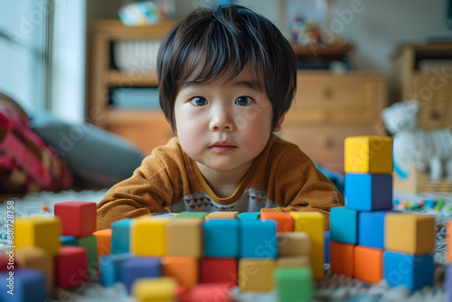 방에서 블록을 가지고 노는 어린 아이