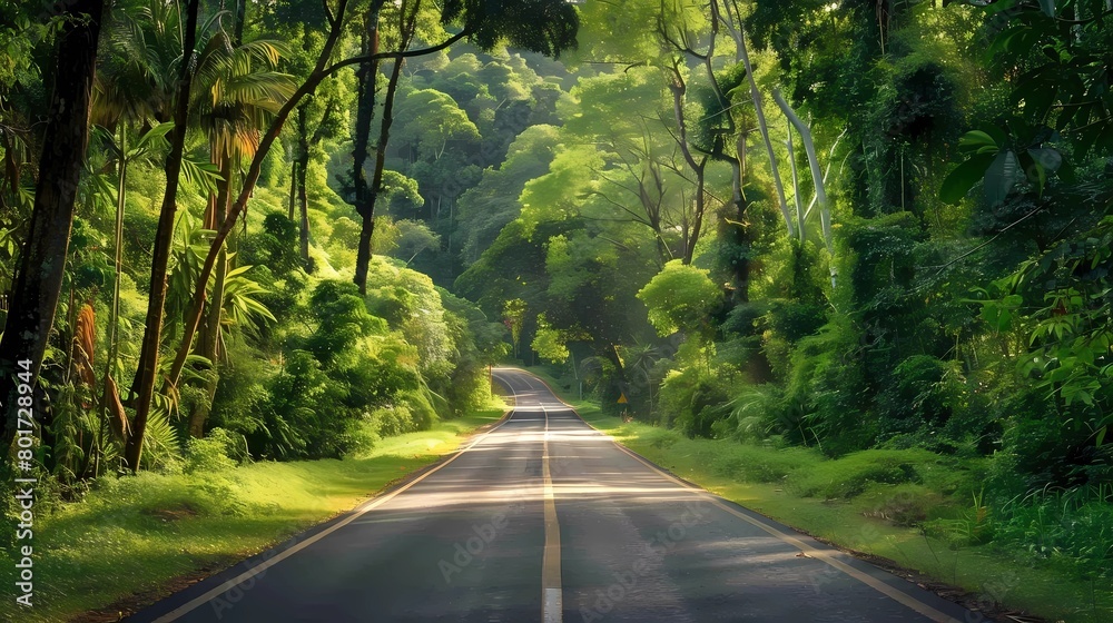 Fototapeta premium Road in the jungle with trees and green plants in the background, Generative AI illustrations.