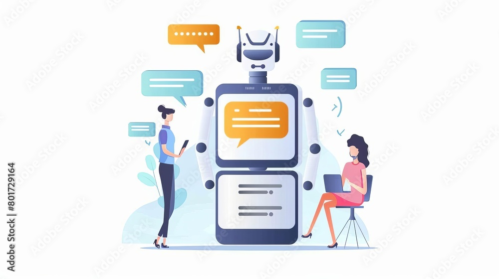 Online communication with chat bot concept Robot answer customer in chatbot service Dialog between AI assistant and user in messenger Flat graphic vector illustration isolated on white background Online communication with chat bot concept Robot answer customer in chatbot service Dialog between AI assistant and user in messenger Flat graphic vector illustration isolated on white background