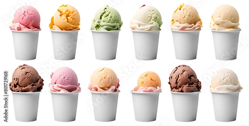 Set of Ice cream scoop on white blank empty paper cup bowl cutout. Many assorted different flavour Mockup template for artwork design  photo