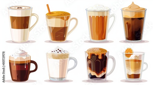 Hot and cold coffee beverage Different types of drinks set Espresso, americano cup, cappuccino and latte in paper mug, iced macchiato in glass Flat vector illustrations isolated on white background