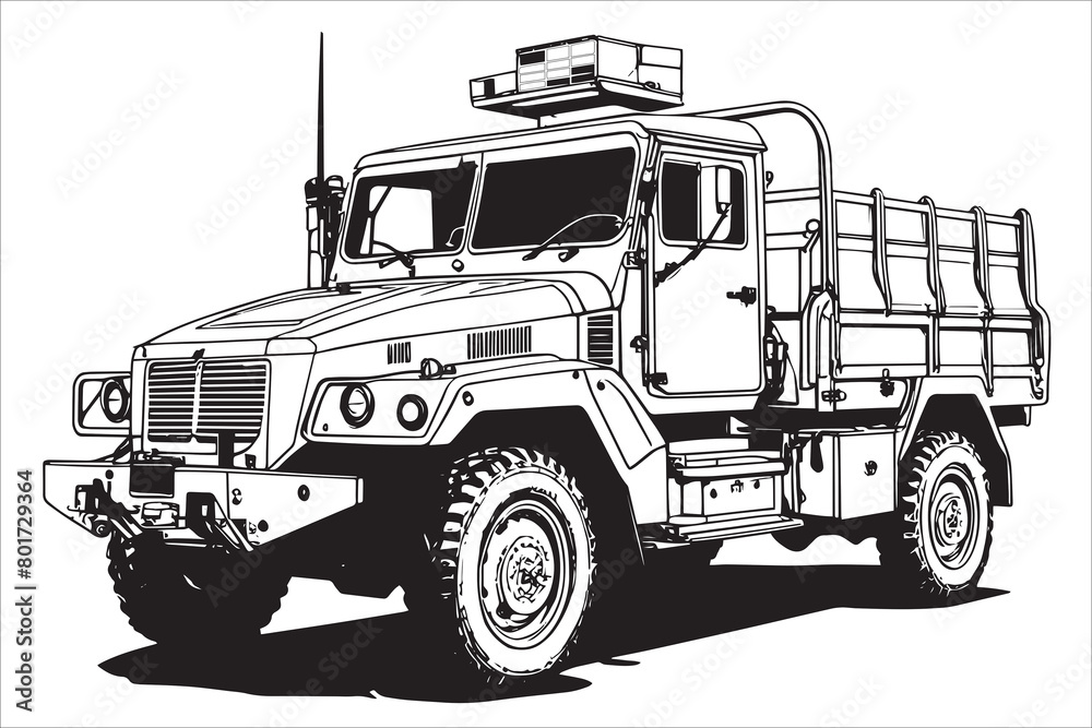 Military trucks and Army vehicles Coloring page: black vector outlines isolated on a white background