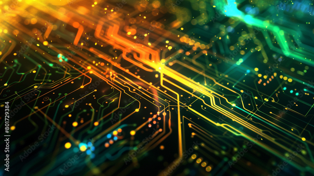 Obraz premium Abstract background with digital circuit board patterns and glowing lines, representing technology, cyber security or data transfer concept. 