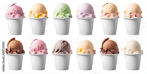 Set of Ice cream scoop on white blank empty paper cup bowl cutout. Many assorted different flavour Mockup template for artwork design 