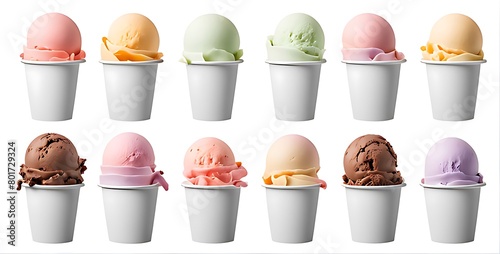 Set of Ice cream scoop on white blank empty paper cup bowl cutout. Many assorted different flavour Mockup template for artwork design 