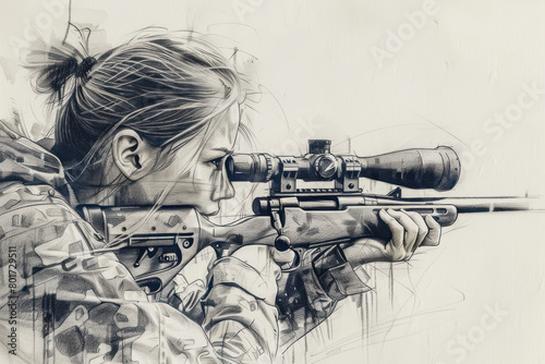 Pencil sketch of athlete woman on rifle shooting practice