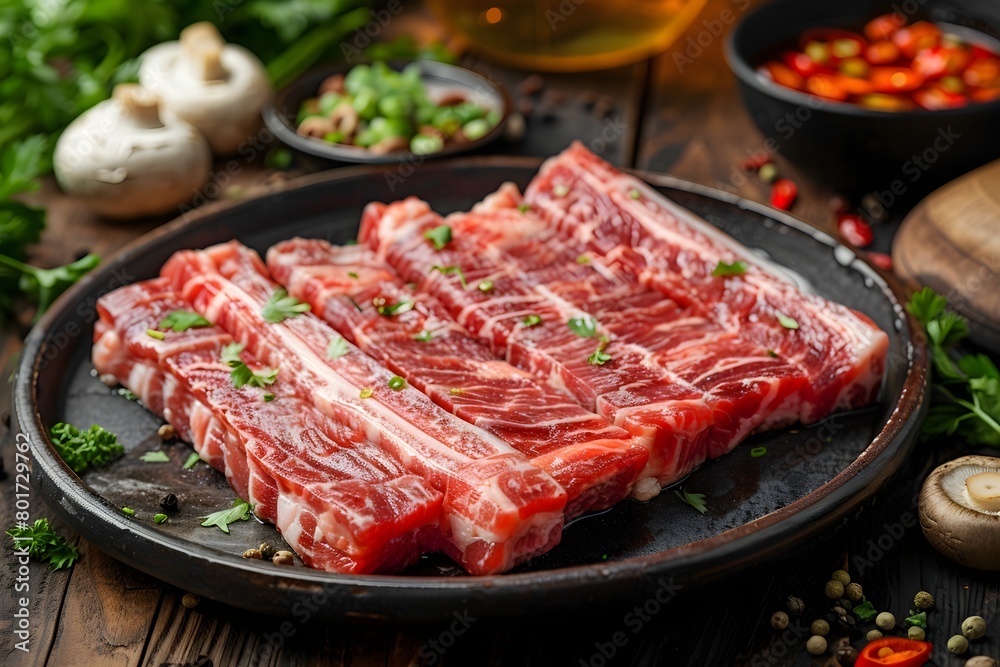 식욕을 돋우는 시즈닝이 되어 있고 먹기좋게 손질된 최고급 생고기 플레이팅, 소고기 돼지고기 식욕을 돋우는 시즈닝이 되어 있고 먹기좋게 손질된 최고급 생고기 플레이팅, 소고기 돼지고기