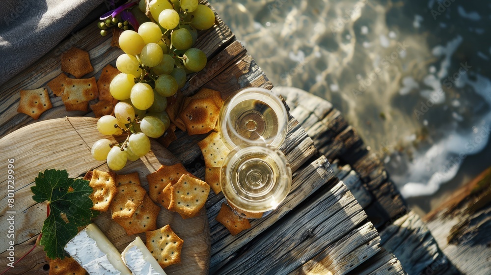 Obraz premium A wooden table displaying a delicious recipe with ingredients such as cheese, grapes, crackers, and a glass of wine. A natural foods dish showcasing the beauty of plantbased cuisine AIG50