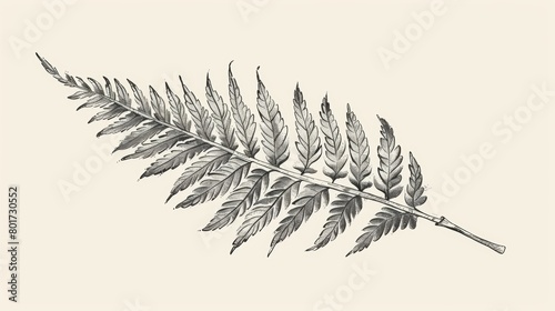 A handdrawn illustration of a fern frond with bold outlines and delicate details used as a branding element for a botanicalthemed company..