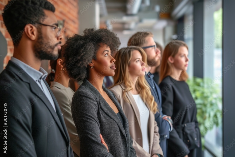 Multiethnic group of businesspeople standing in a row in office Multiethnic group of businesspeople standing in a row in office
