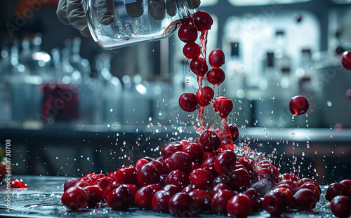 a pile of cherries on the table and doused with water using a bottle