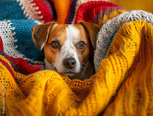 A dog nestled in vibrant, multi-colored yarn textures. © jirayut