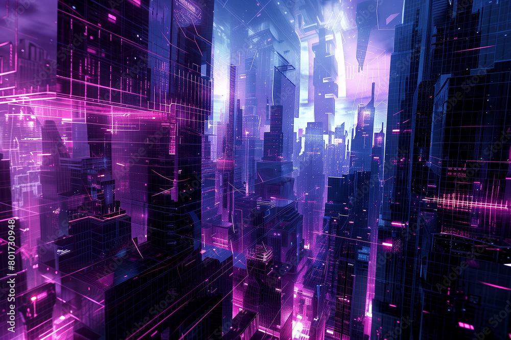 Futuristic cityscape constructed with geometric shapes depicting skyscrapers and urban structures; use metallic textures and neon color schemes to convey a high-tech environment, presented in a detail