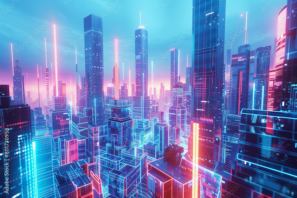 Futuristic cityscape constructed with geometric shapes depicting skyscrapers and urban structures; use metallic textures and neon color schemes to convey a high-tech environment, presented in a detail