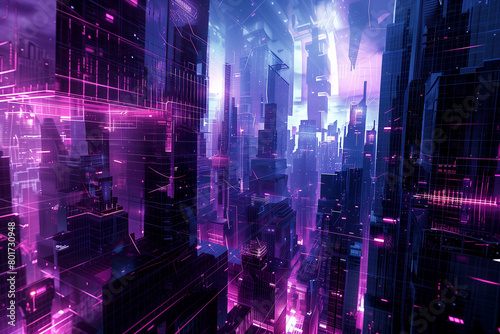 Futuristic cityscape constructed with geometric shapes depicting skyscrapers and urban structures  use metallic textures and neon color schemes to convey a high-tech environment  presented in a detail