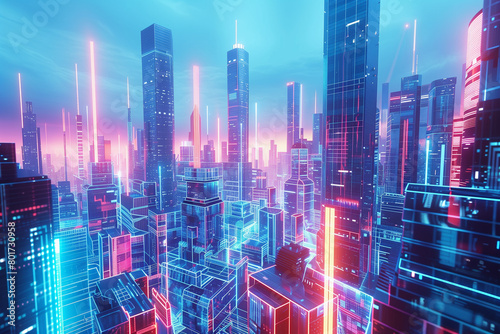 Futuristic cityscape constructed with geometric shapes depicting skyscrapers and urban structures  use metallic textures and neon color schemes to convey a high-tech environment  presented in a detail