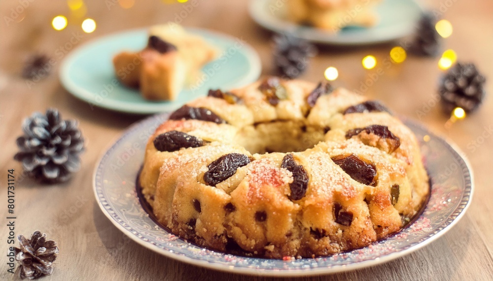 Sicilian buccellato bundt cake on plate with christmas decorations