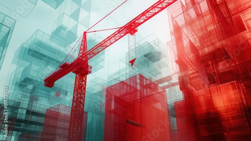 Dynamic scene of a crane lifting vibrant red rebar against a bustling construction site backdrop photo